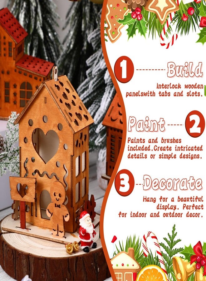 Fullhawl 6 Sets DIY Christmas Gingerbread House Wooden Kit to Build with Paint Paintbrushes and Gingerbread Man Stickers 3D Christmas Tree Ornaments for Fun Craft Activity Creative DIY Art Project - Image 3